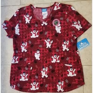 Frosty‎ the Snowman Women Scrub Top Red Performance Stretch Pockets sz Large NEW